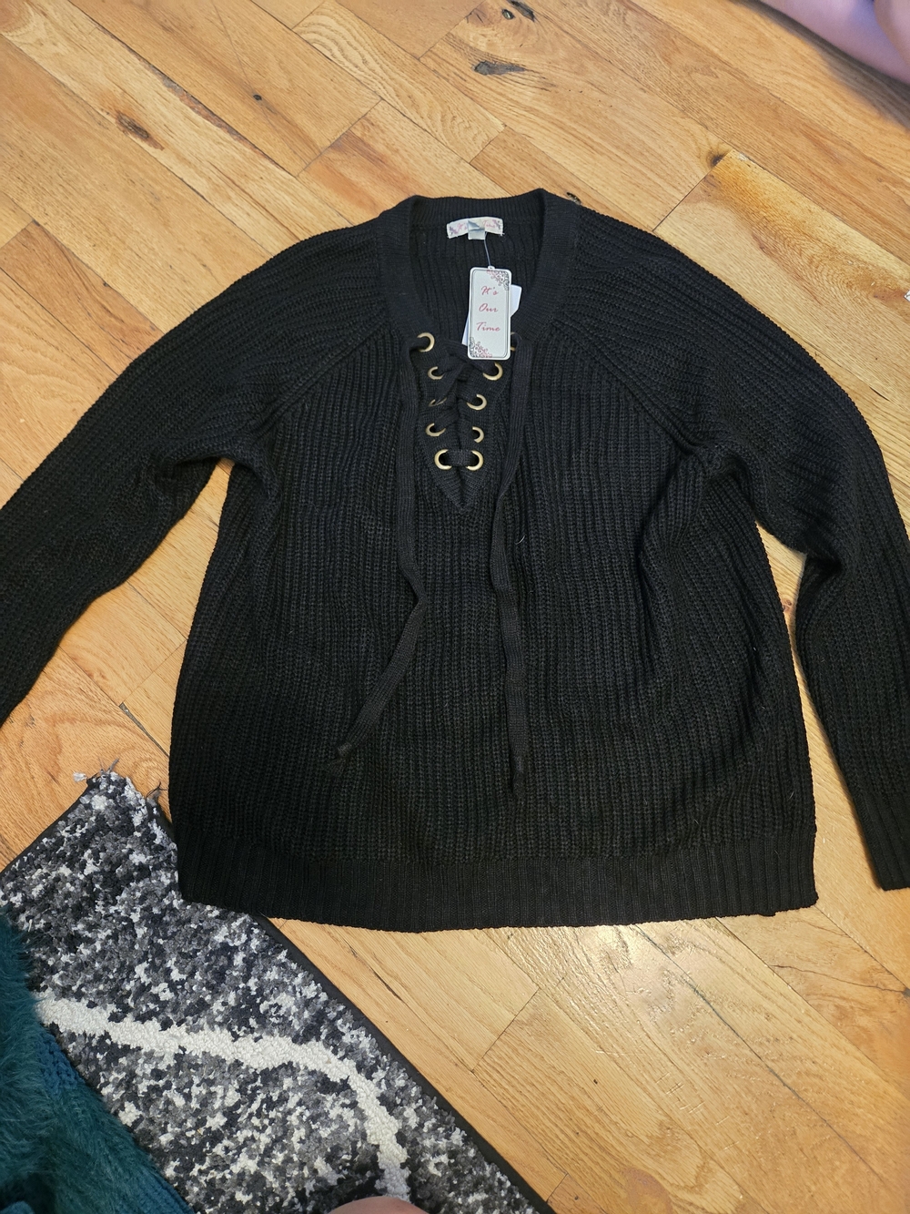 It's Our Time Black Lace-Up V-Neck Ribbed Sweater